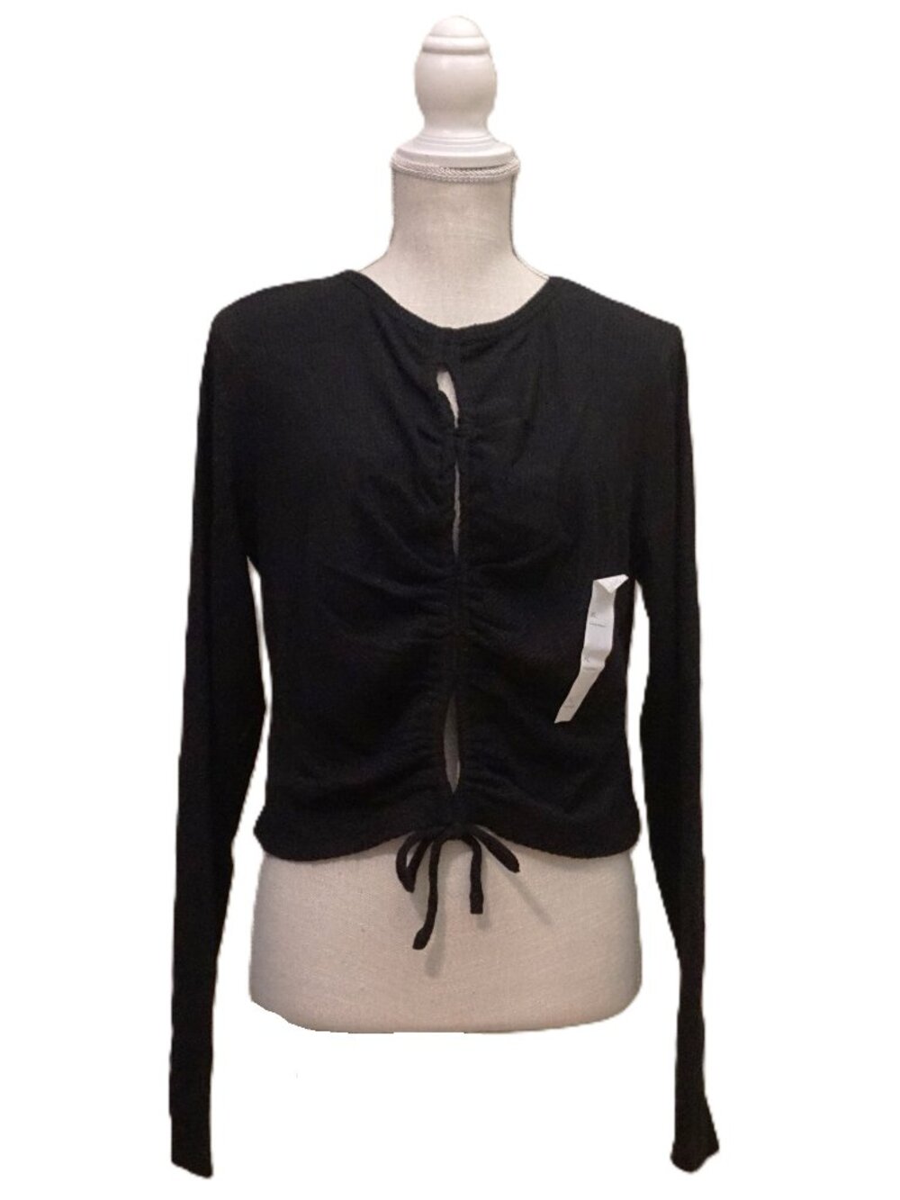 Wild Fable Black Ribbed Long Sleeve Crop Top Tie Keyholes Down Front Women’s Lg